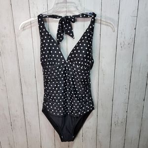 2 Bamboo Women's One Piece Halter Style Swim Suit Size Medium Black White Dots.